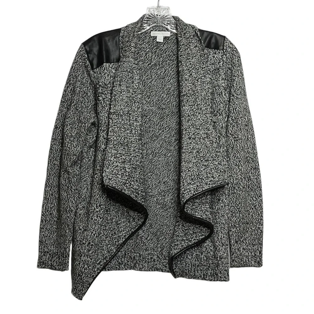 New York Company Women Sweater Cardigan‎ Black White Faux Leather Trim Medium